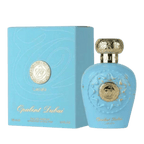 Lattafa Opulent Dubai apa de parfum, flacon frontal elegant din sticlă fină cu detalii rafinate și capac decorativ.
