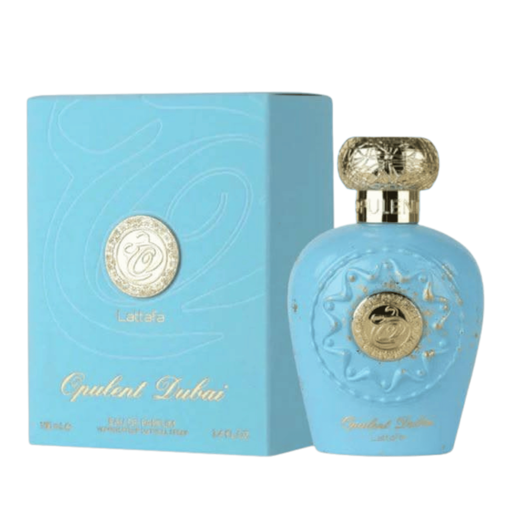 Lattafa Opulent Dubai apa de parfum, flacon frontal elegant din sticlă fină cu detalii rafinate și capac decorativ.