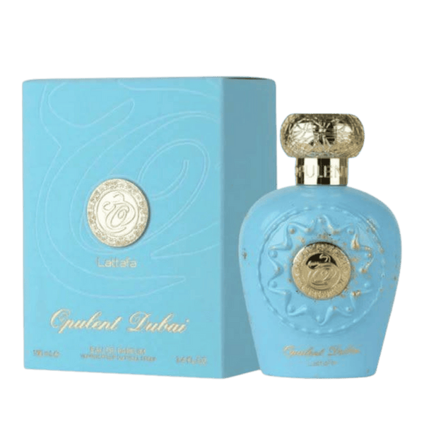 Lattafa Opulent Dubai apa de parfum, flacon frontal elegant din sticlă fină cu detalii rafinate și capac decorativ.