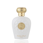 Detaliu flacon Lattafa Opulent Musk apa de parfum, evidențiind textura albă și ornamentele aurii luxoase.