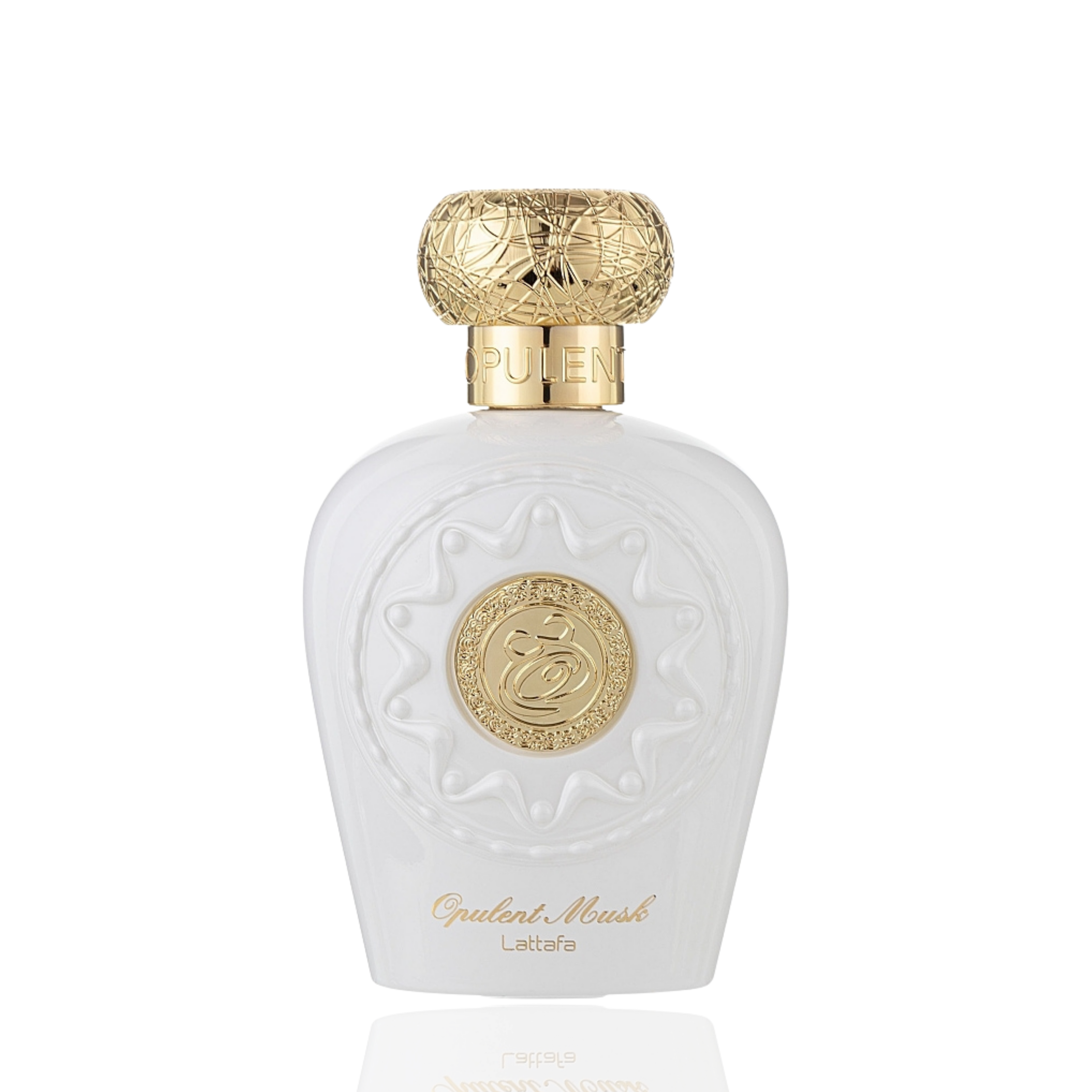 Detaliu flacon Lattafa Opulent Musk apa de parfum, evidențiind textura albă și ornamentele aurii luxoase.