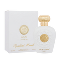 Lattafa Opulent Musk apa de parfum unisex, flacon frontal de 100 ml alb imaculat cu detalii aurii.