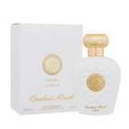 Lattafa Opulent Musk apa de parfum unisex, flacon frontal de 100 ml alb imaculat cu detalii aurii.