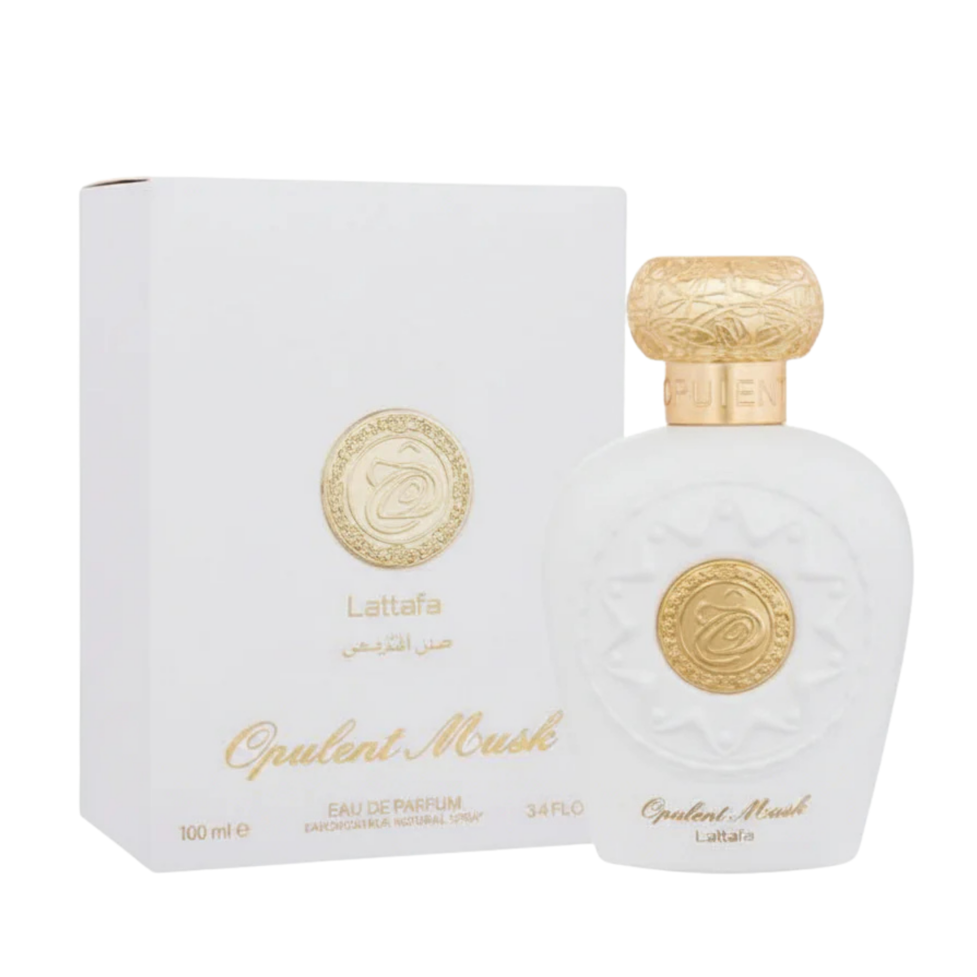 Lattafa Opulent Musk apa de parfum unisex, flacon frontal de 100 ml alb imaculat cu detalii aurii.