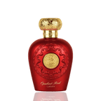 Detaliu flacon Lattafa Opulent Red apa de parfum, evidențiind textura sticlei, pulverizatorul auriu și finisajele de lux.