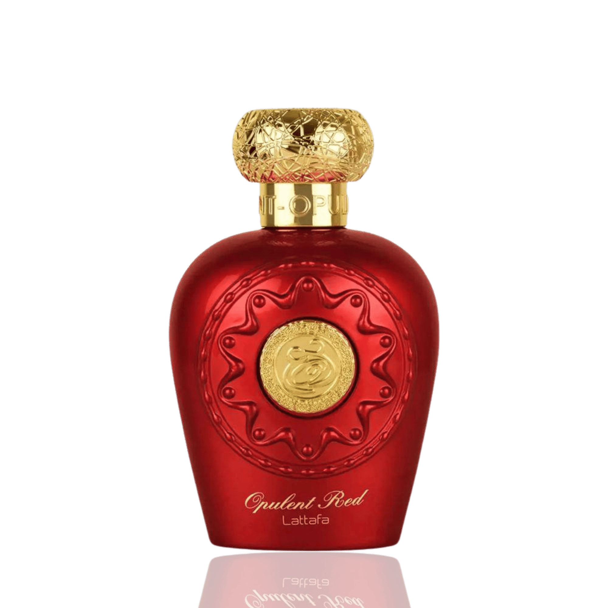 Detaliu flacon Lattafa Opulent Red apa de parfum, evidențiind textura sticlei, pulverizatorul auriu și finisajele de lux.