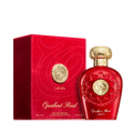 Lattafa Opulent Red apa de parfum, flacon frontal roșu opulent cu detalii aurii sofisticate și capac decorativ.