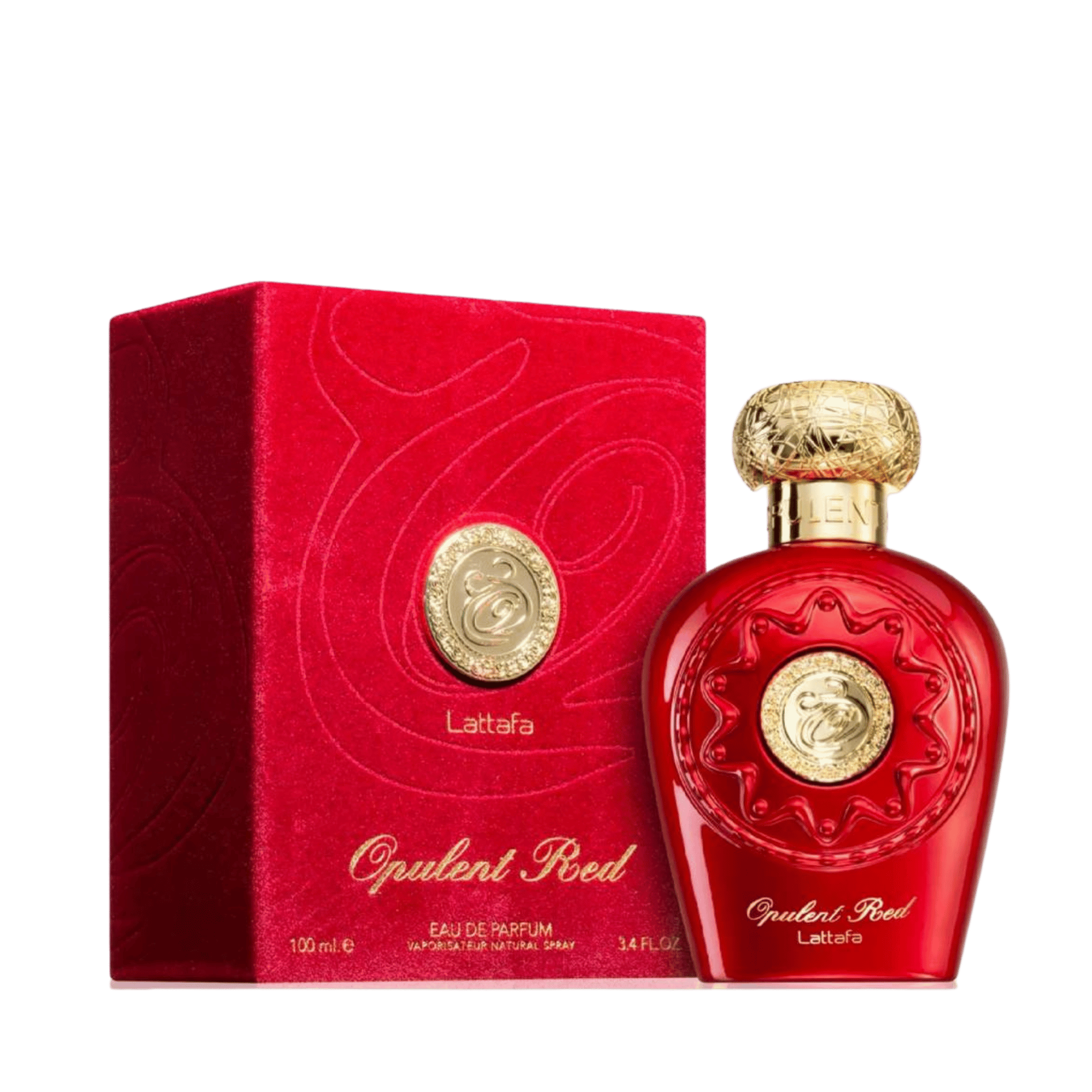 Lattafa Opulent Red apa de parfum, flacon frontal roșu opulent cu detalii aurii sofisticate și capac decorativ.