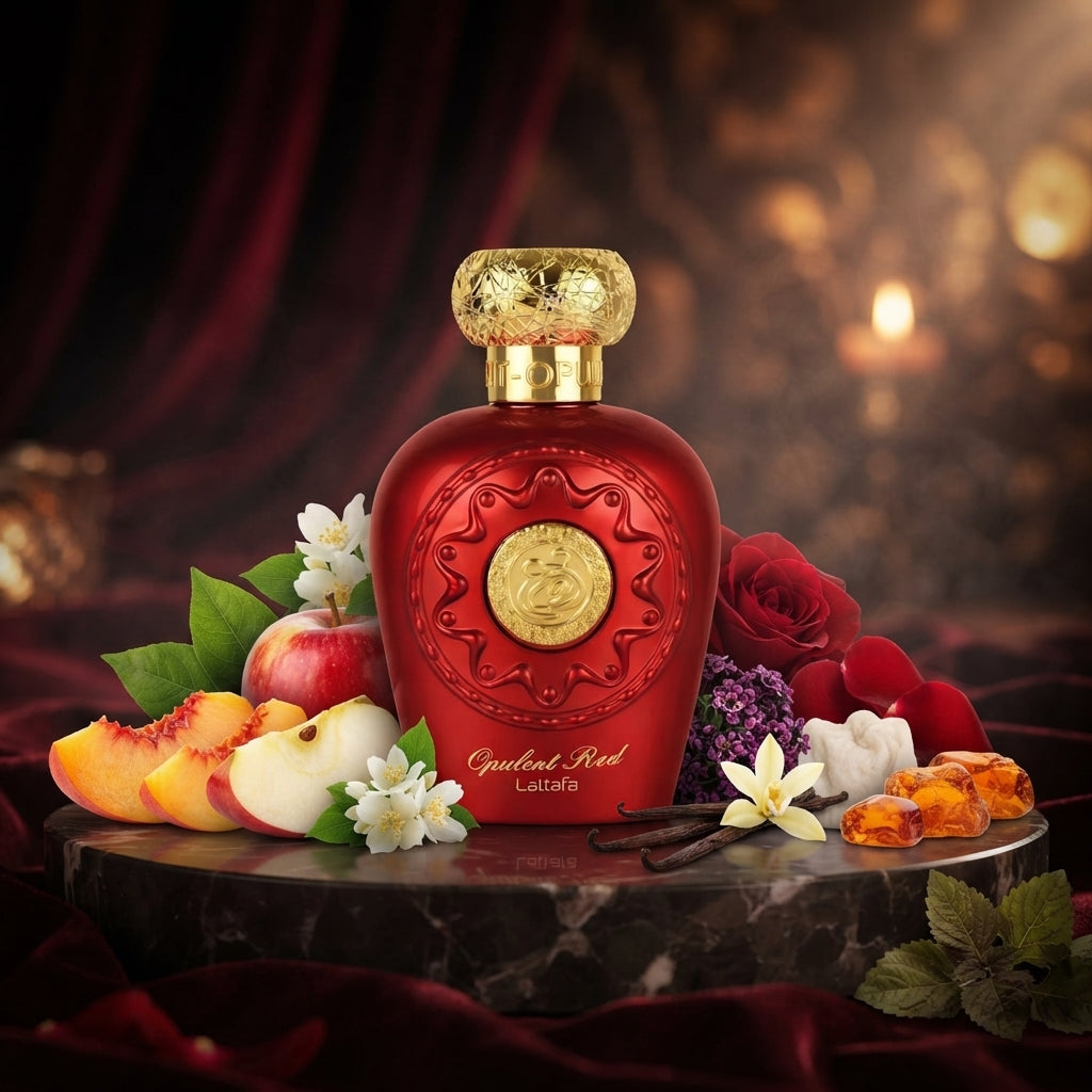 Lattafa Opulent Red apa de parfum original prezentat alături de piersică zemoasă, măr roșu, iasomie și păstăi de vanilie.