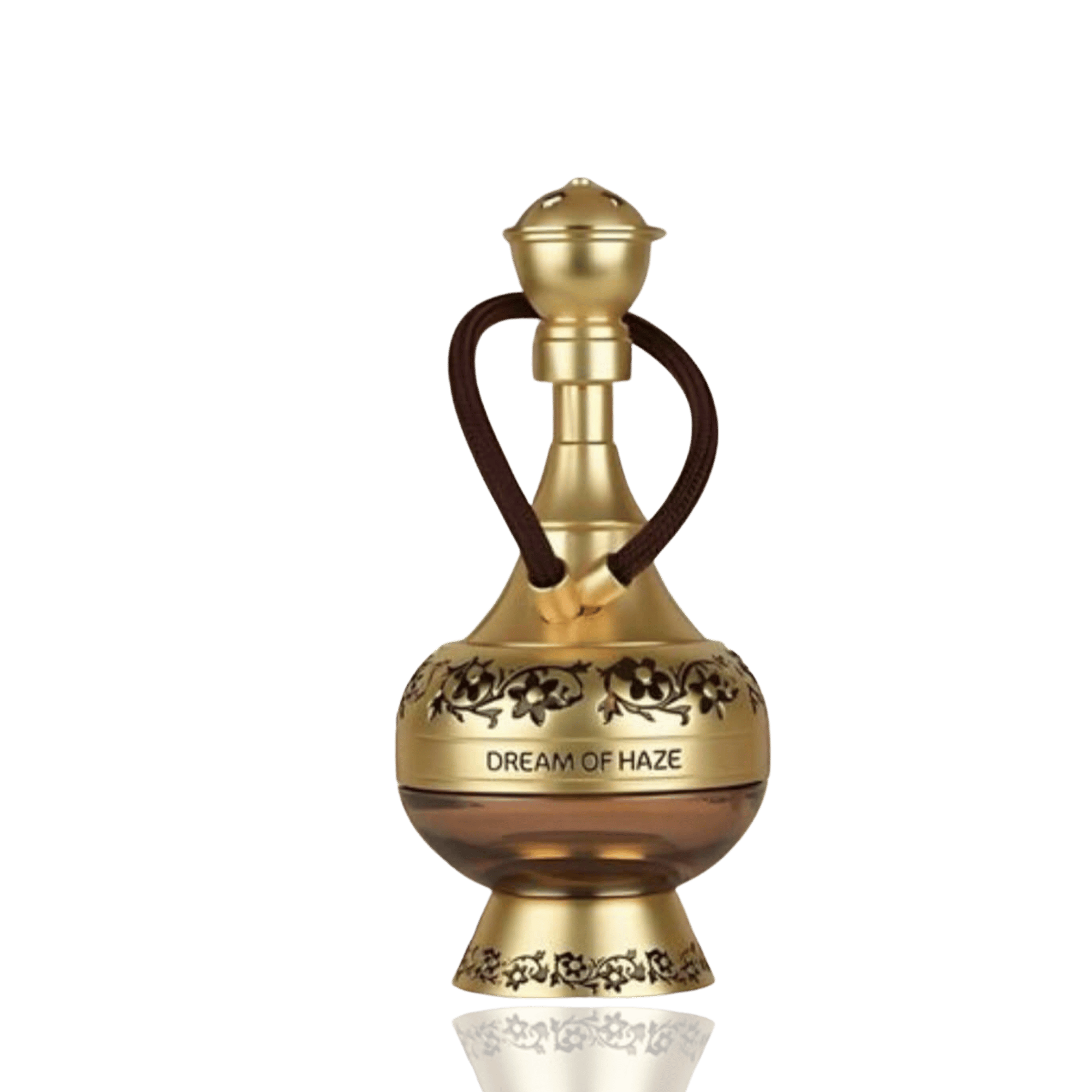 Detaliu flacon Lattafa Perfumes Pride Dream of Haze apa de parfum, evidențiind gravurile aurii filigranate și șnurul textil.