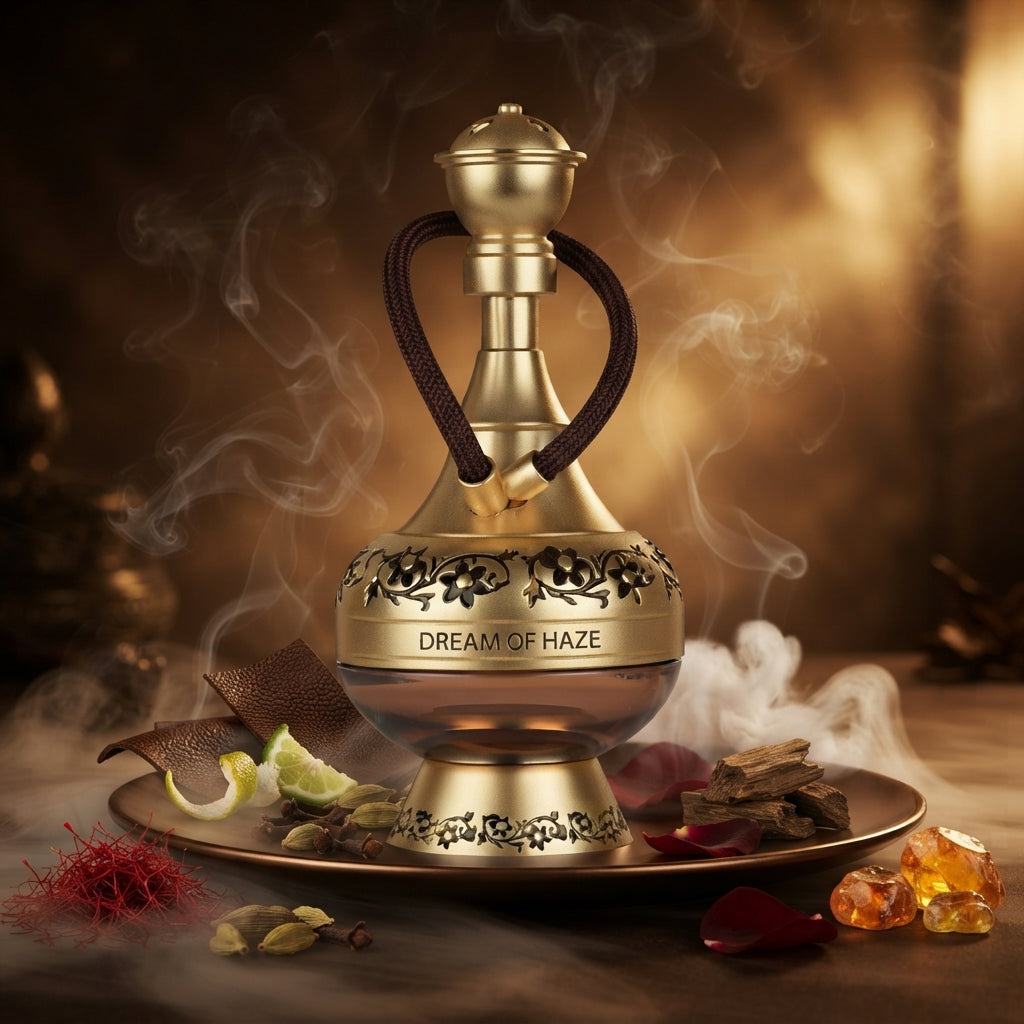 Lattafa Perfumes Pride Dream of Haze apa de parfum original încadrat estetic de ingrediente precum șofran și tămâie.
