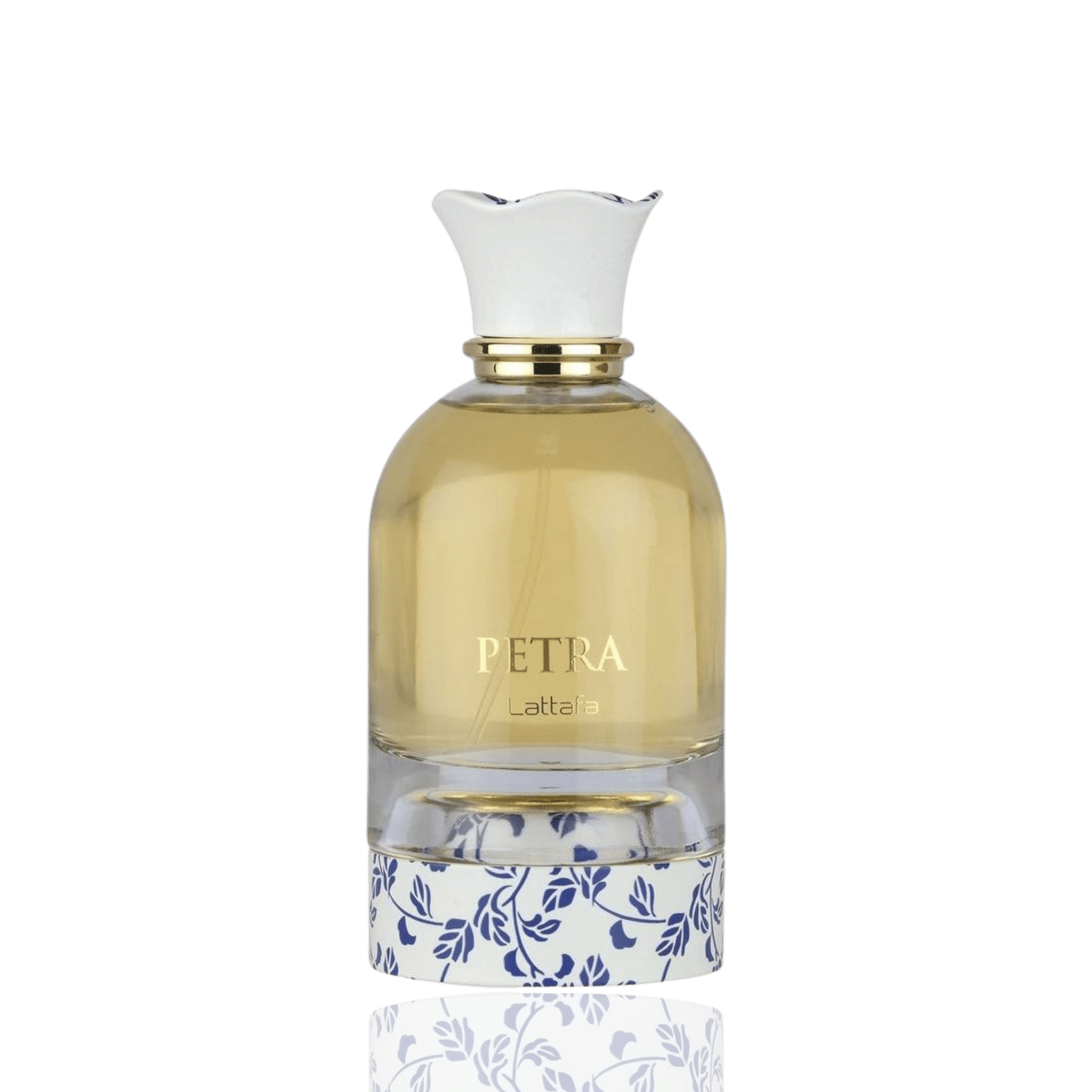 Detaliu flacon Lattafa Petra apa de parfum, evidențiind textura sticlei, pulverizatorul fin și capacul sculptural.