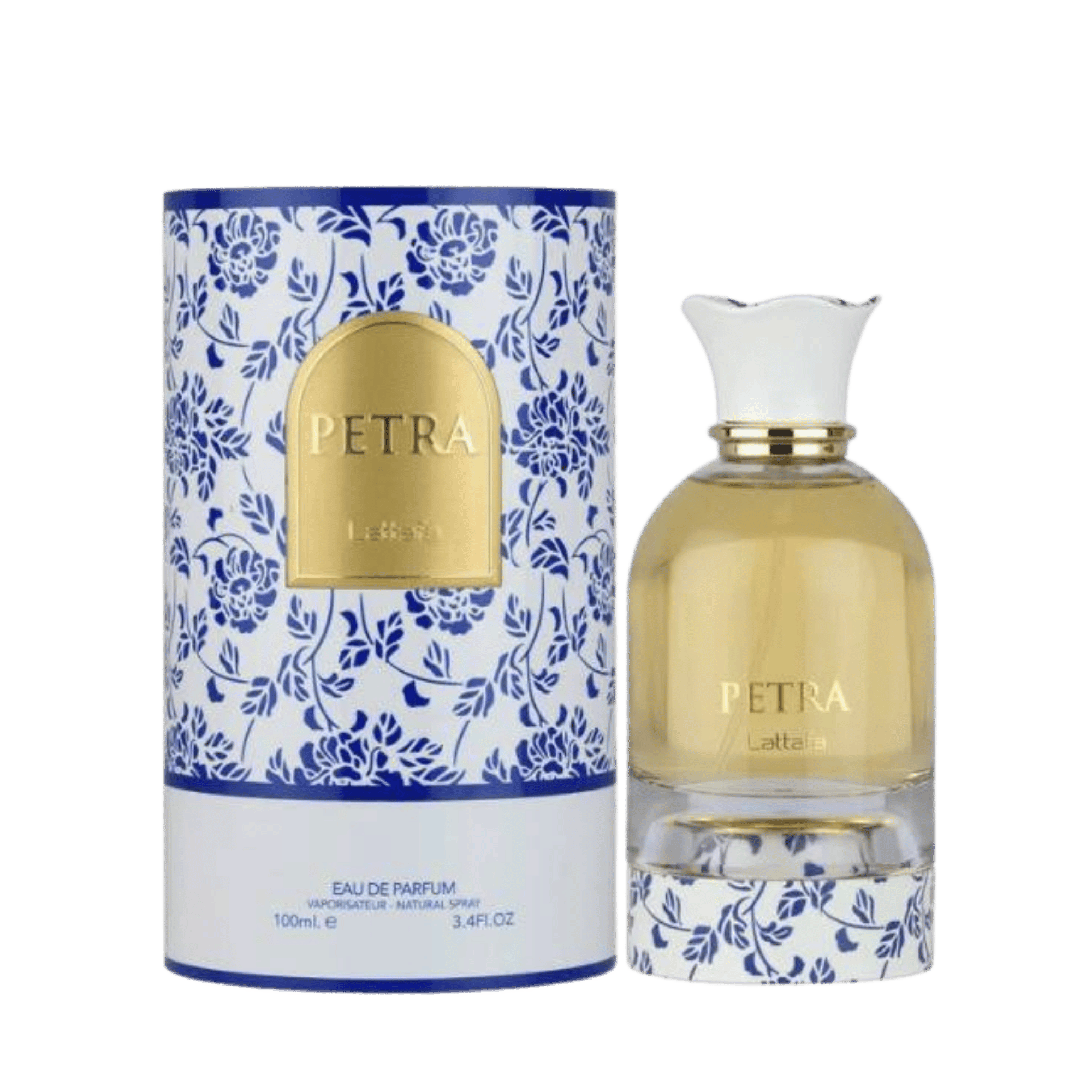 Lattafa Petra apa de parfum, flacon frontal sofisticat cu linii elegante și detalii decorative rafinate.