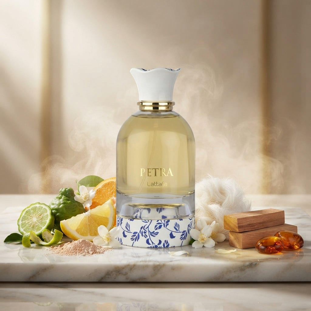 Lattafa Petra apa de parfum original prezentat alături de bergamotă zemoasă, iasomie albă și mosc catifelat.