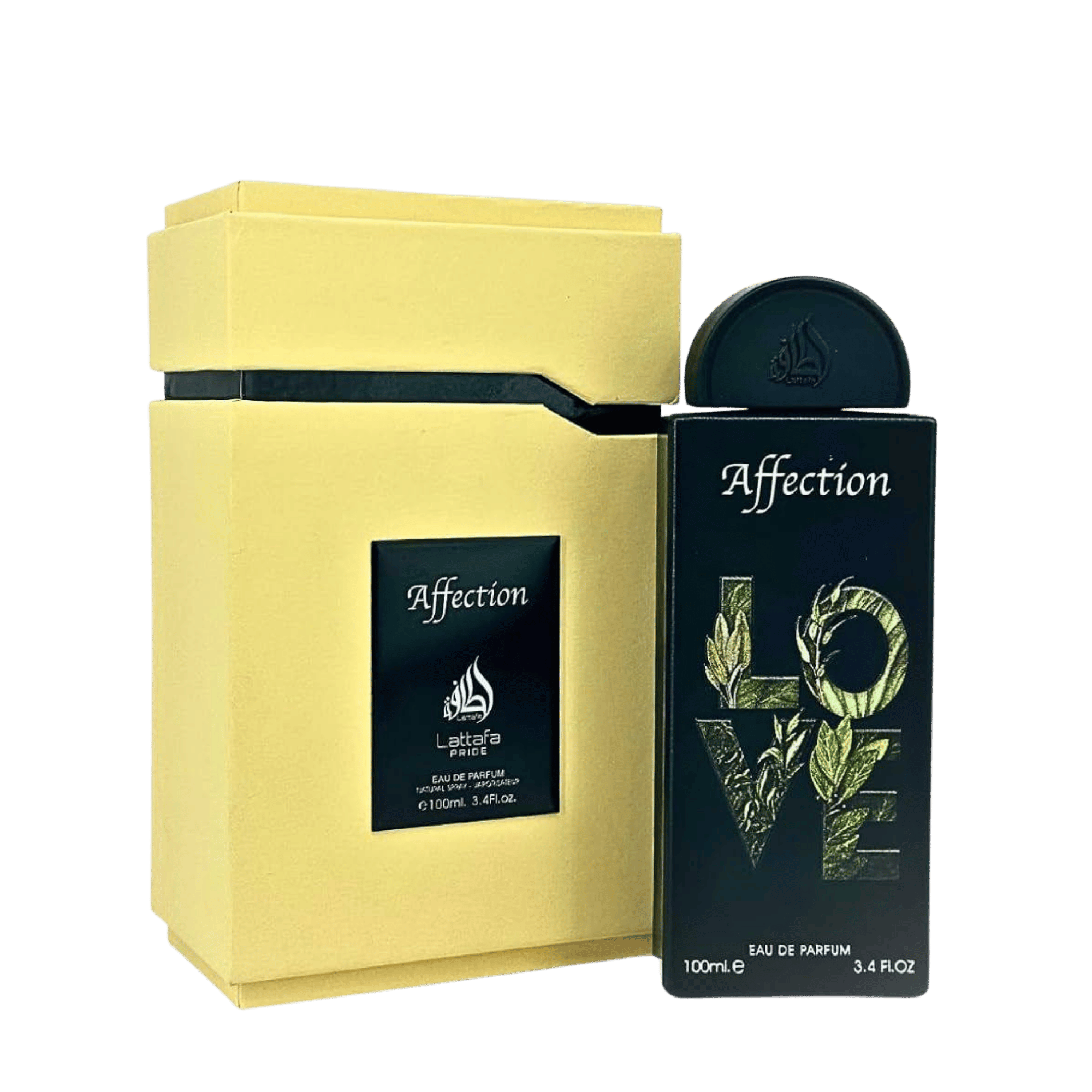 Lattafa Pride Affection apa de parfum 100 ml, flacon frontal conceptual premium, design original de parfum arabesc.