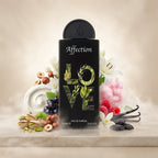 Lattafa Pride Affection parfum original încadrat artistic de fistic brut, alune de pădure, zmeură și flori de crin.