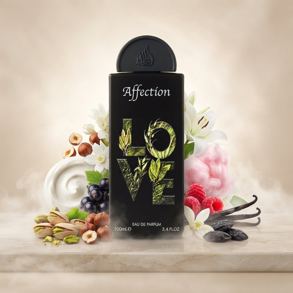 Lattafa Pride Affection parfum original încadrat artistic de fistic brut, alune de pădure, zmeură și flori de crin.