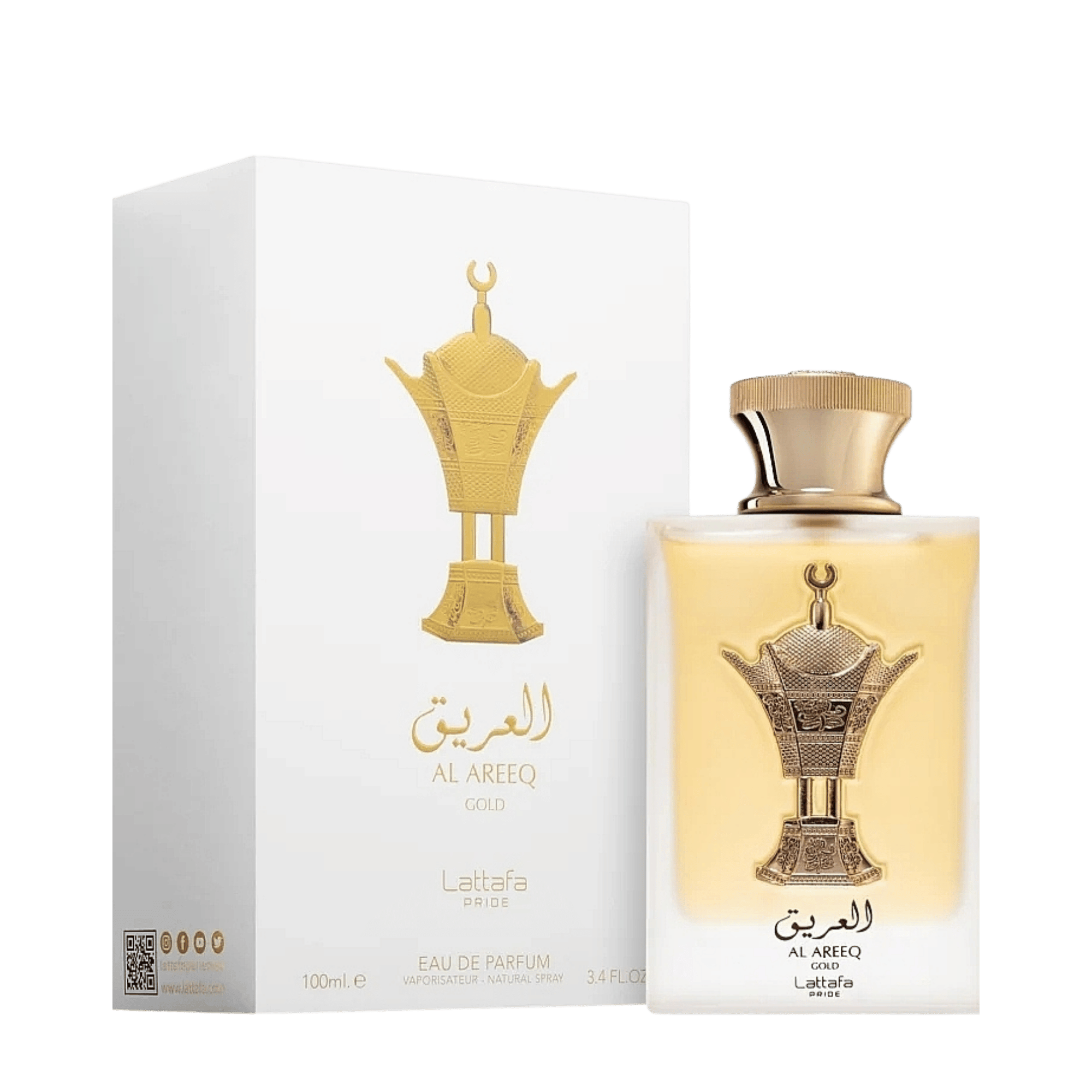 Detaliu flacon premium Lattafa Pride Al Areeq Gold 100 ml, evidențiind finisajele aurii, capacul luxos și eticheta originală.