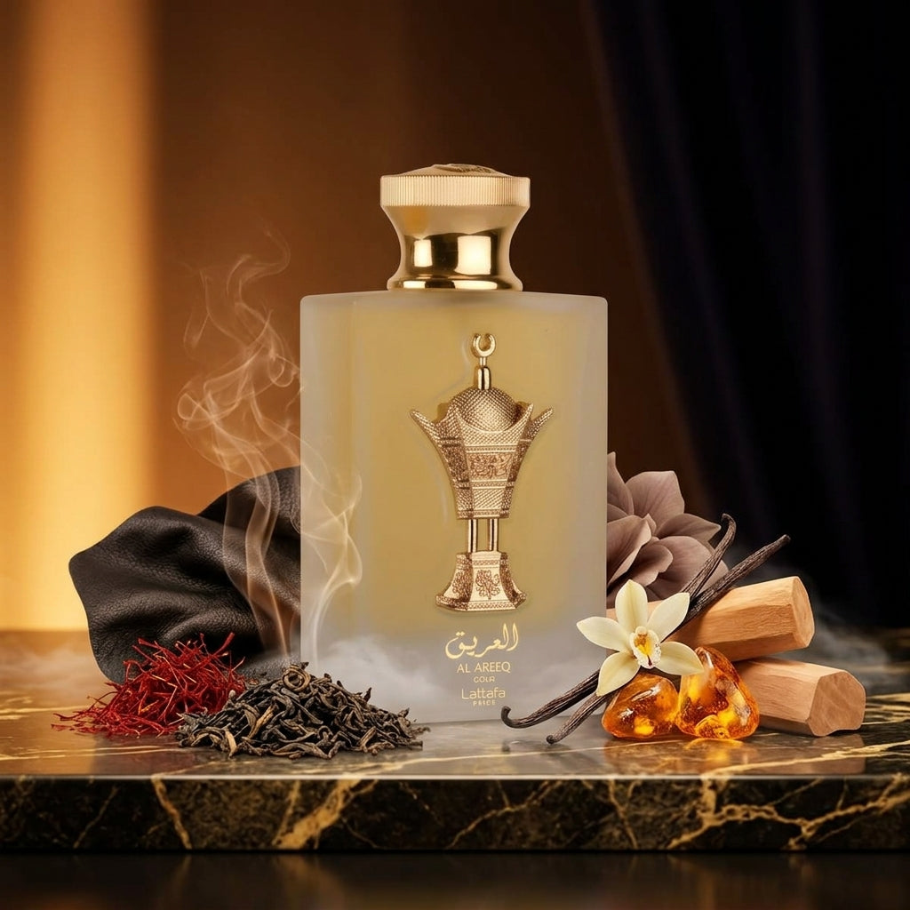 Lattafa Pride Al Areeq Gold parfum original încadrat artistic de frunze de ceai negru, șofran și texturi de pielărie.