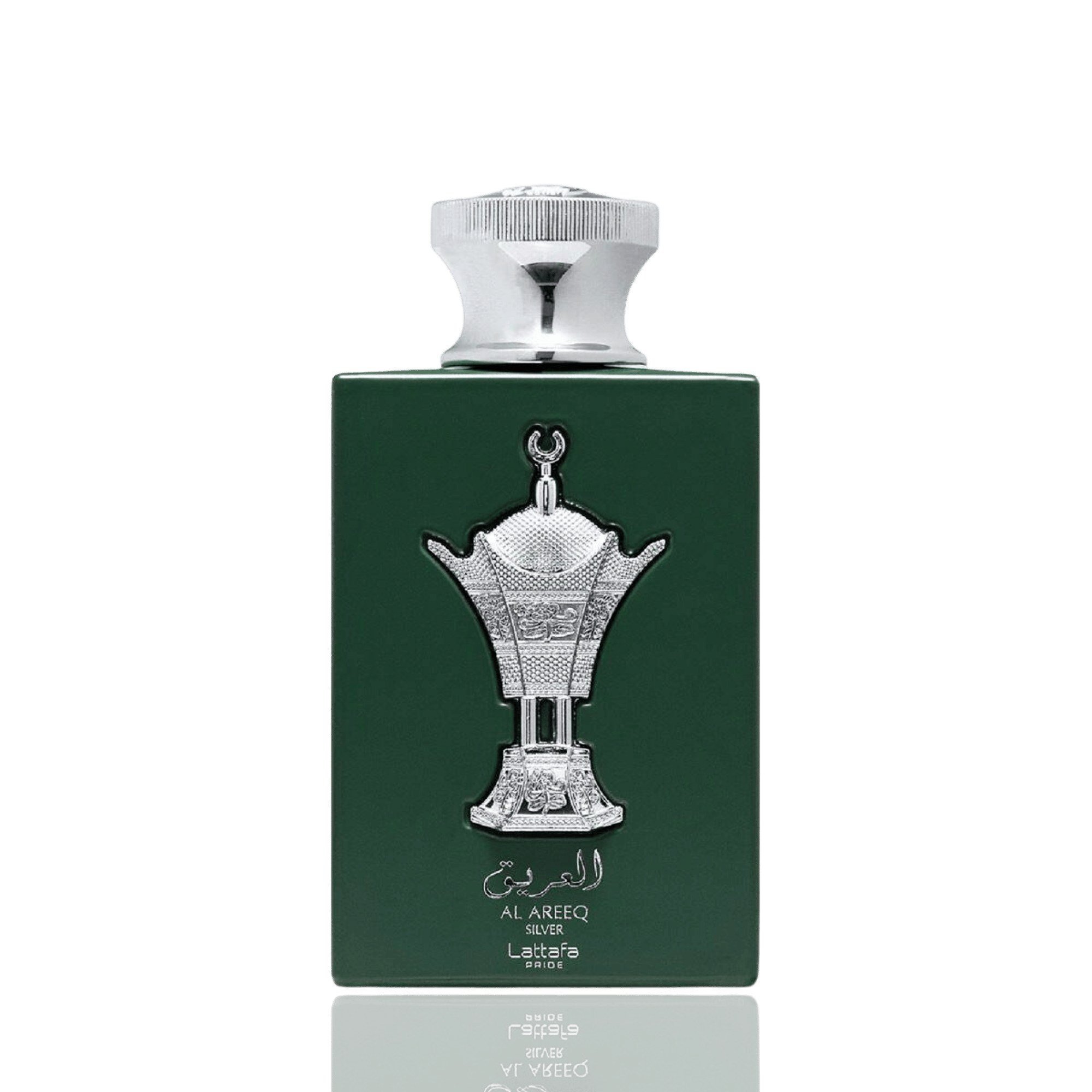 Detaliu flacon de lux Lattafa Pride Al Areeq Silver 100 ml, reliefând finisajele argintii metalice și capacul de colecție.