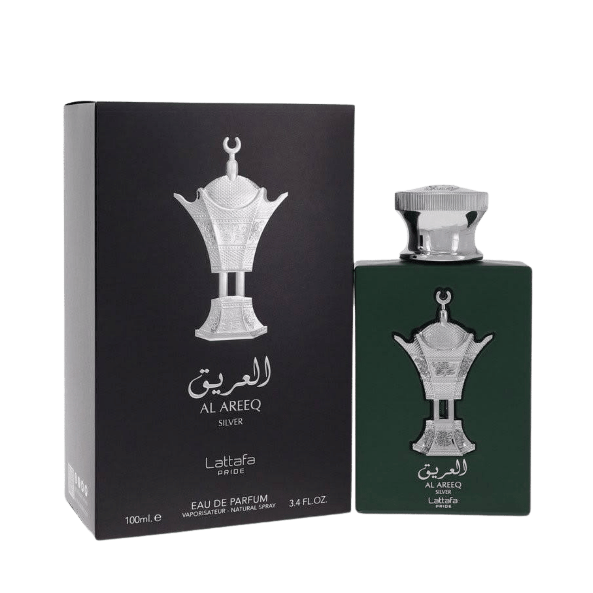 Lattafa Pride Al Areeq Silver apa de parfum 100 ml, flacon frontal cu design sculptural argintiu din colecția arabă Pride.