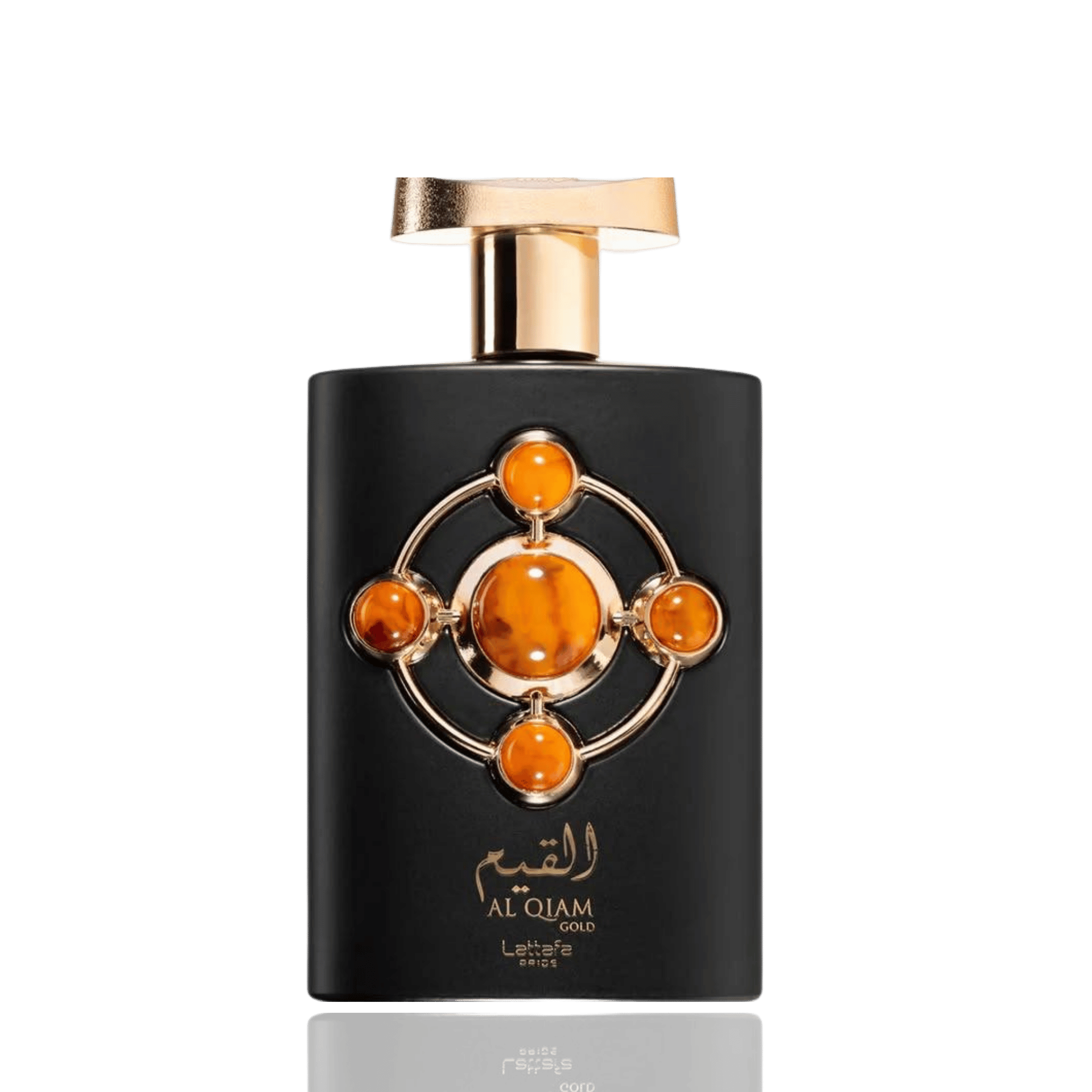 Detaliu flacon premium Lattafa Pride Al Qiam Gold 100 ml, reliefând talismanul auriu și pietrele nuanțate în chihlimbar.