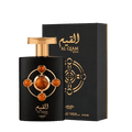 Lattafa Pride Al Qiam Gold apa de parfum 100 ml, flacon frontal negru mat, ilustrând designul original arabesc de lux.