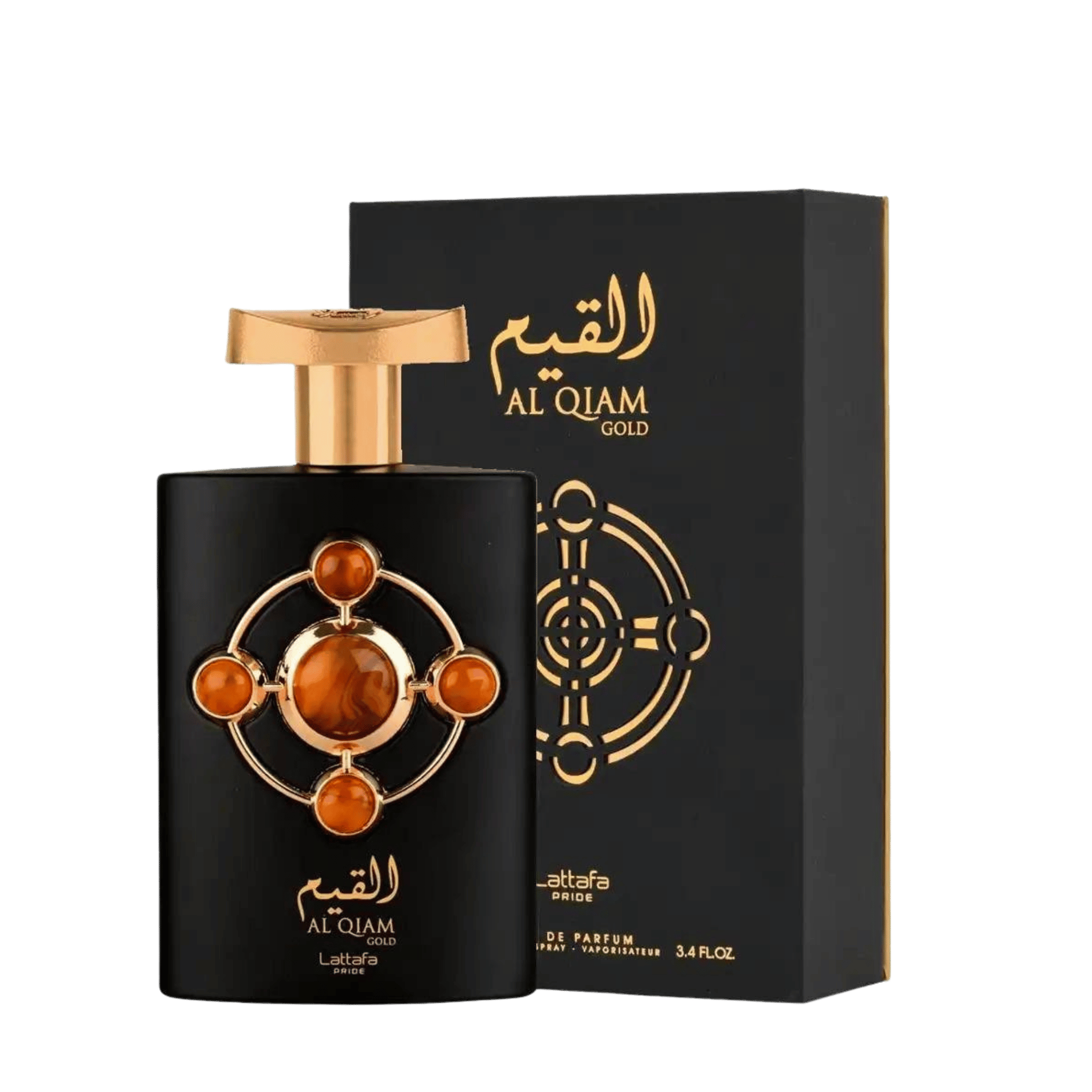 Lattafa Pride Al Qiam Gold apa de parfum 100 ml, flacon frontal negru mat, ilustrând designul original arabesc de lux.