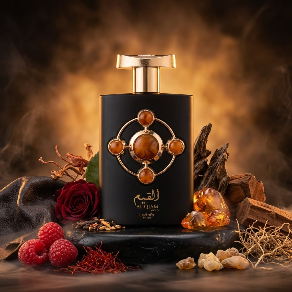 Lattafa Pride Al Qiam Gold parfum original decorat artistic cu zmeură zemoasă, fire de șofran și bucăți de lemn de oud.