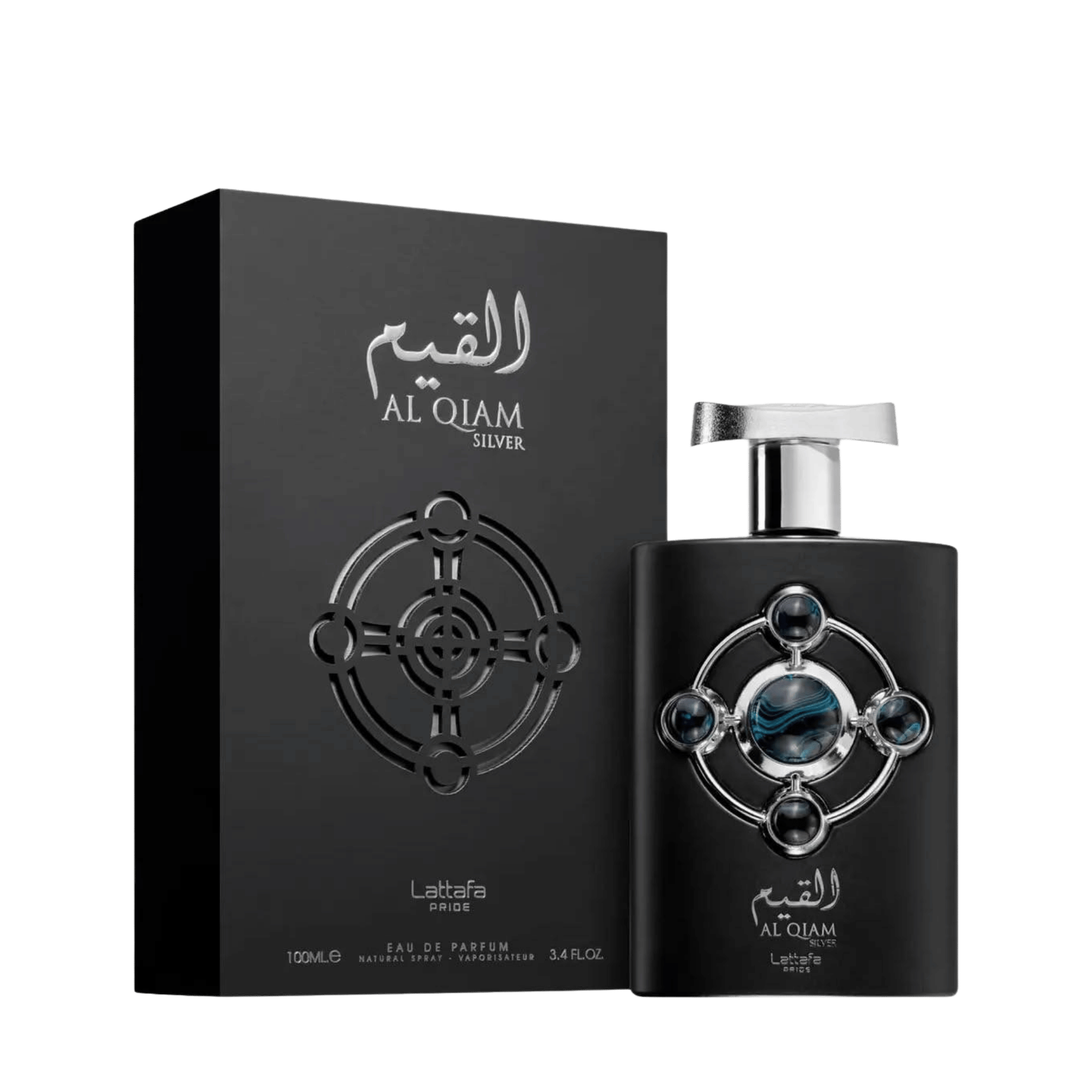 Lattafa Pride Al Qiam Silver apa de parfum 100 ml, flacon frontal negru mat, ilustrând designul original de lux.