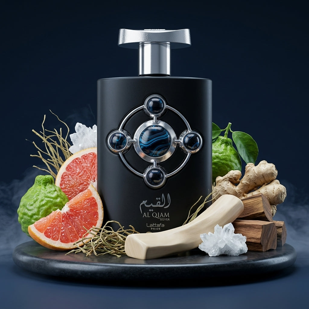 Lattafa Pride Al Qiam Silver parfum original aranjat estetic alături de grapefruit zemos, ghimbir și lemn de santal.