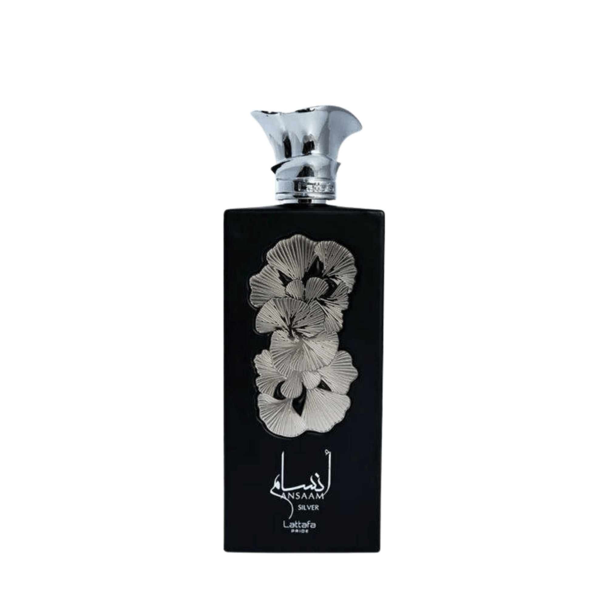 Detaliu flacon premium Lattafa Pride Ansaam Silver 100 ml, evidențiind frunzele argintii și finisajele de lux.