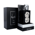 Lattafa Pride Ansaam Silver apa de parfum 100 ml, flacon frontal negru mat cu decorațiuni sculptate în relief.
