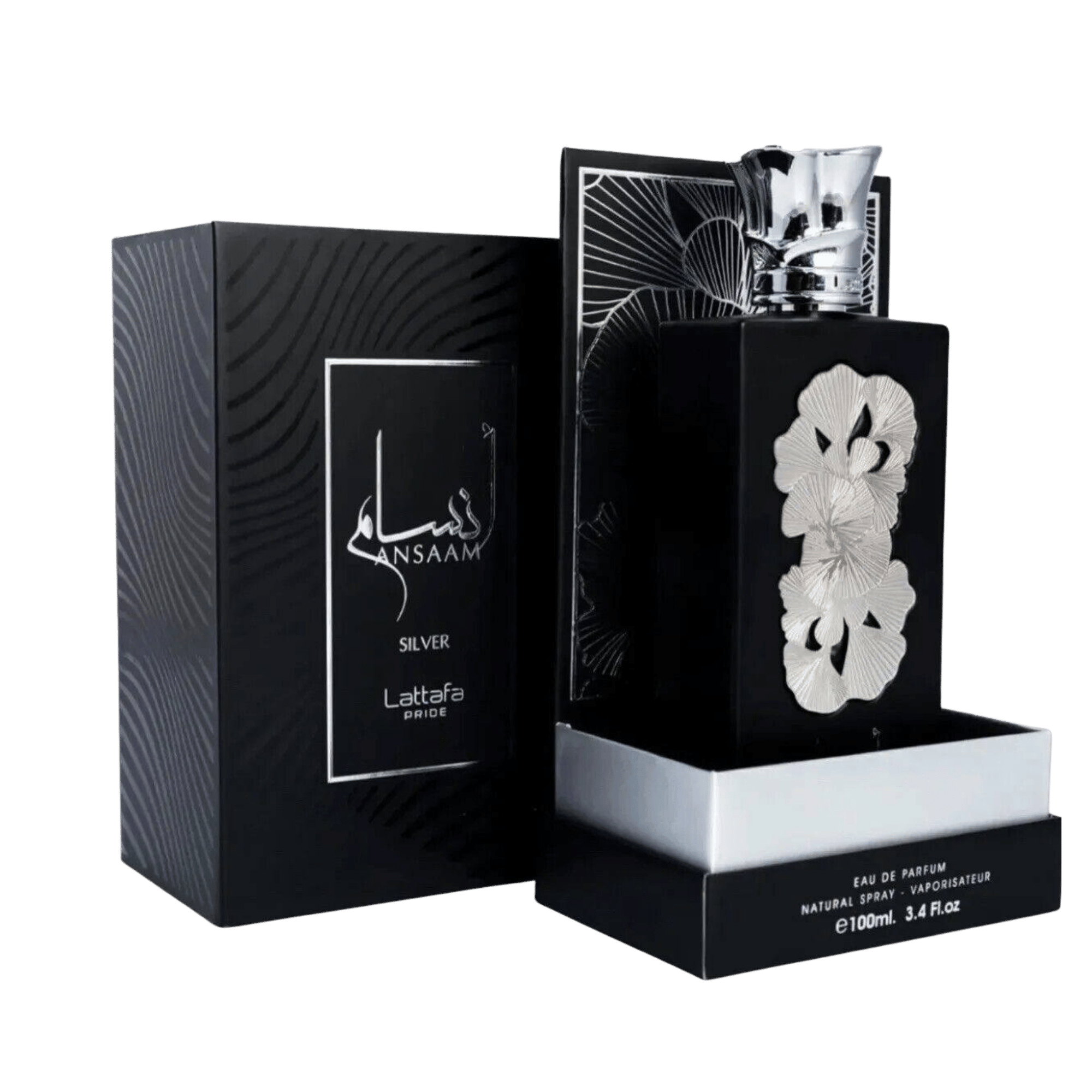 Lattafa Pride Ansaam Silver apa de parfum 100 ml, flacon frontal negru mat cu decorațiuni sculptate în relief.