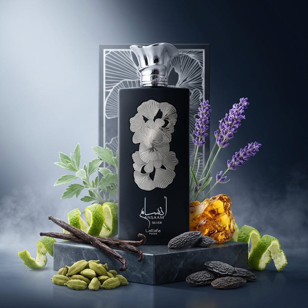 Ambalajul original de prezentare al parfumului unisex Lattafa Pride Ansaam Silver 100 ml din colecția premium Pride.