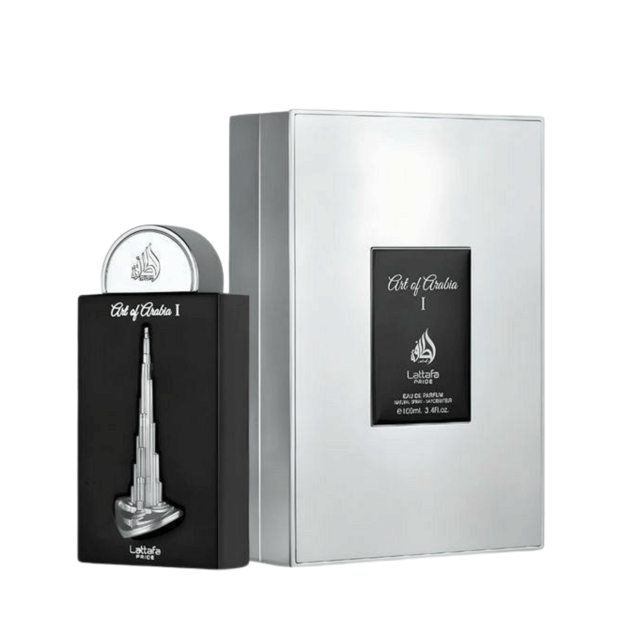 Detaliu flacon premium Lattafa Pride Art of Arabia I 100 ml, evidențiind ornamentele artistice și capacul sculptural.