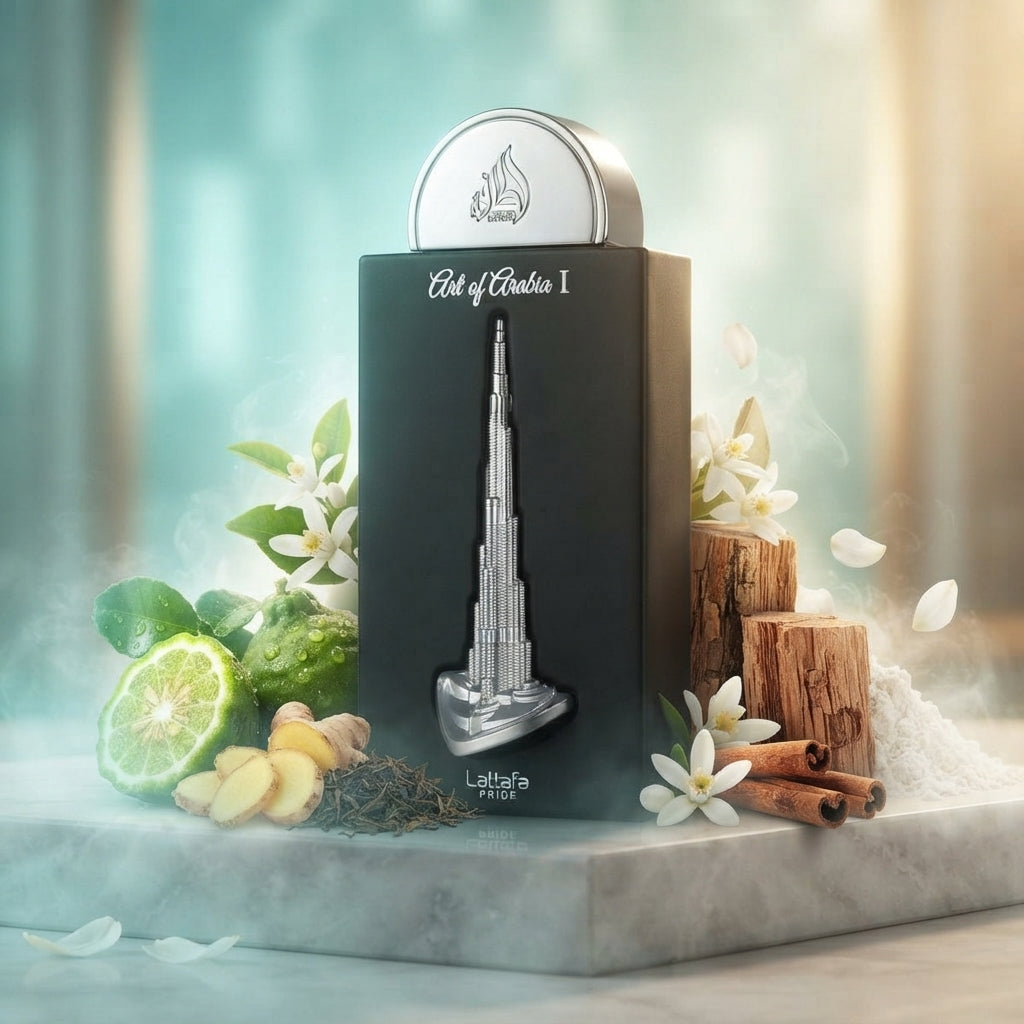 Lattafa Pride Art of Arabia I parfum original înconjurat de bergamotă, ghimbir, frunze de ceai negru și scorțișoară.