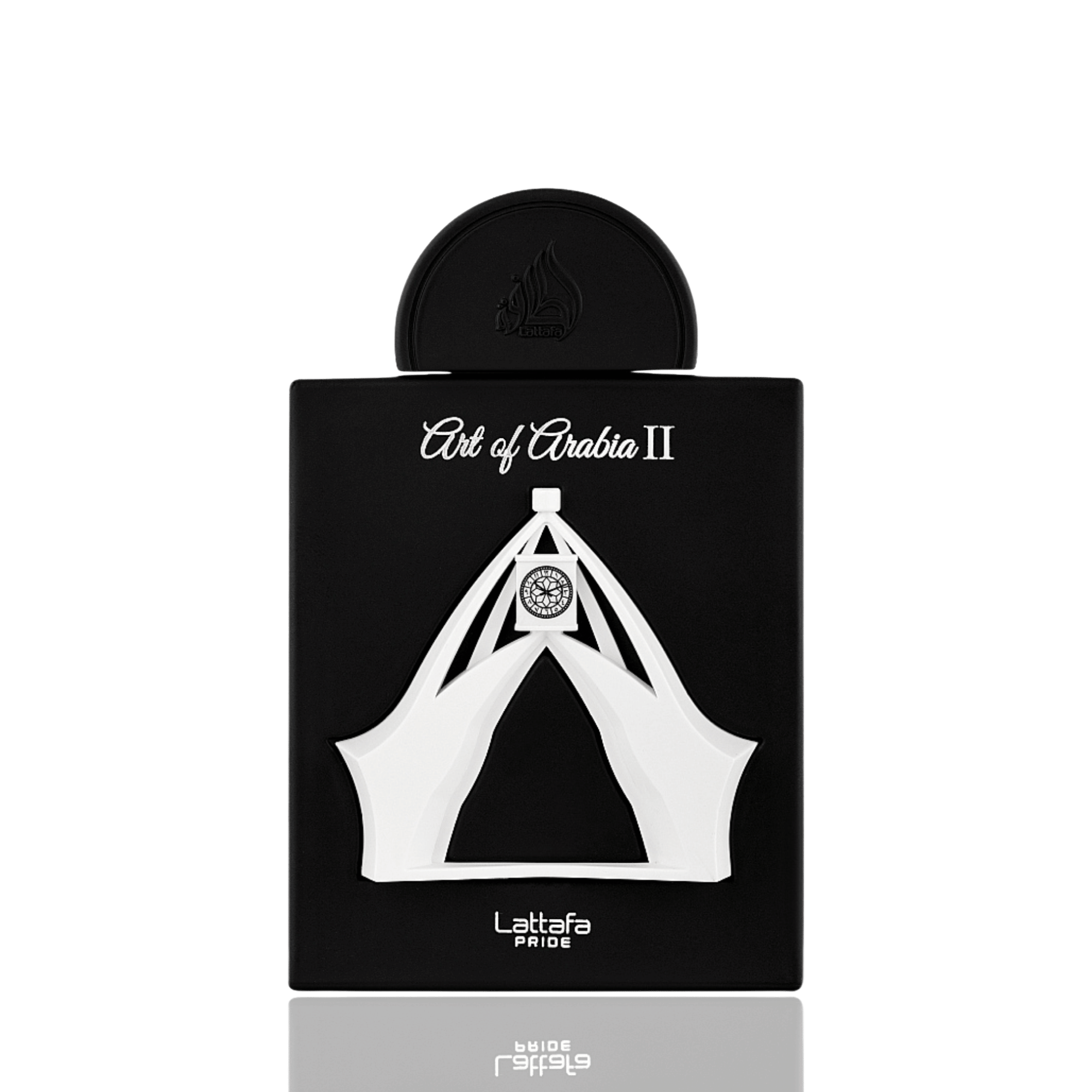 Detaliu flacon de lux Lattafa Pride Art of Arabia II 100 ml, prezentând sticla finisată artistic și elementele decorative.