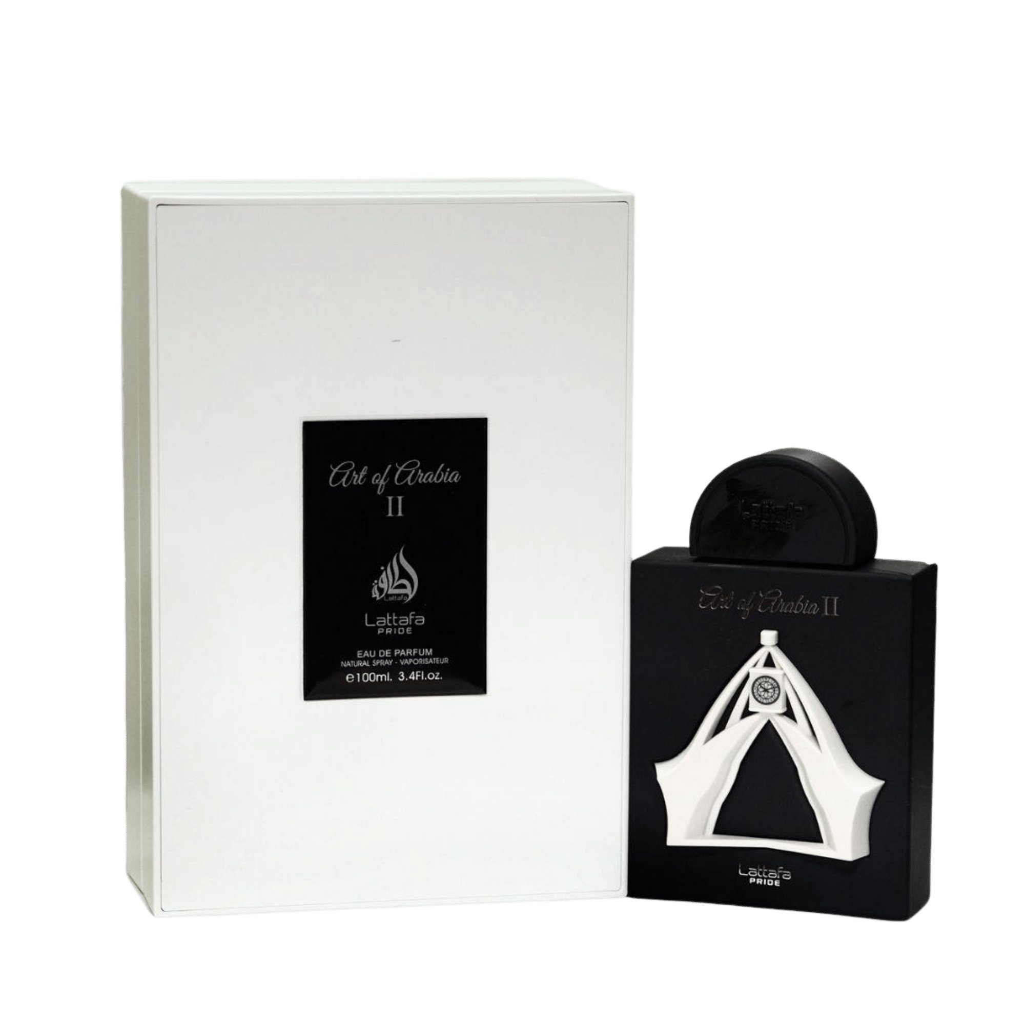 Lattafa Pride Art of Arabia II apa de parfum 100 ml, flacon frontal conceptual premium, design original de parfum arabesc.