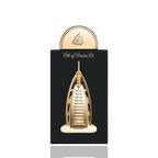 Detaliu flacon premium Lattafa Pride Art of Arabia III 100 ml, evidențiind finisajele unice și capacul sculptural de colecție.