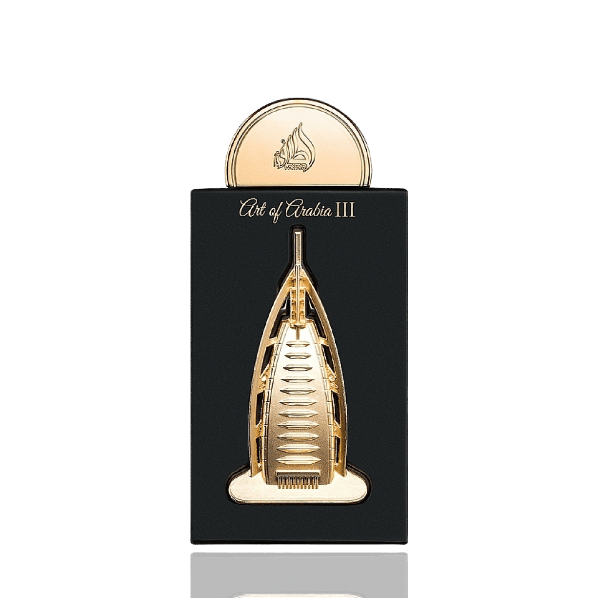 Detaliu flacon premium Lattafa Pride Art of Arabia III 100 ml, evidențiind finisajele unice și capacul sculptural de colecție.