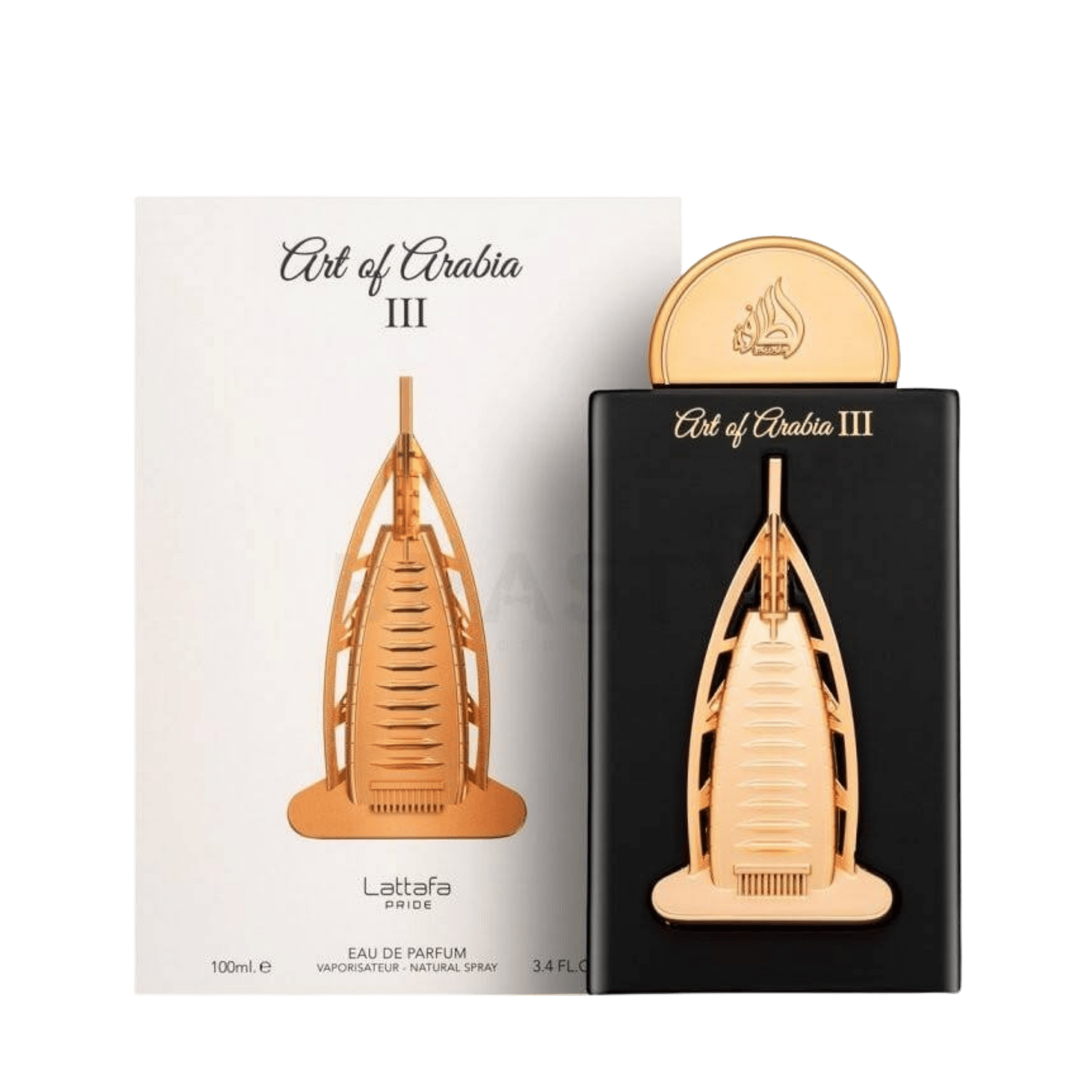 Lattafa Pride Art of Arabia III apa de parfum 100 ml, flacon frontal artistic de lux, design original conceptual de parfum arabesc.