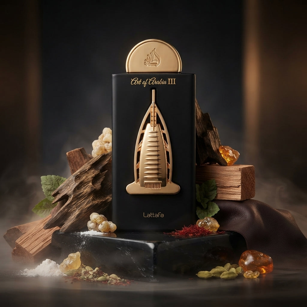 Lattafa Pride Art of Arabia III parfum original înconjurat de rășină de tămâie, mirodenii calde, pielărie și bucăți de oud.