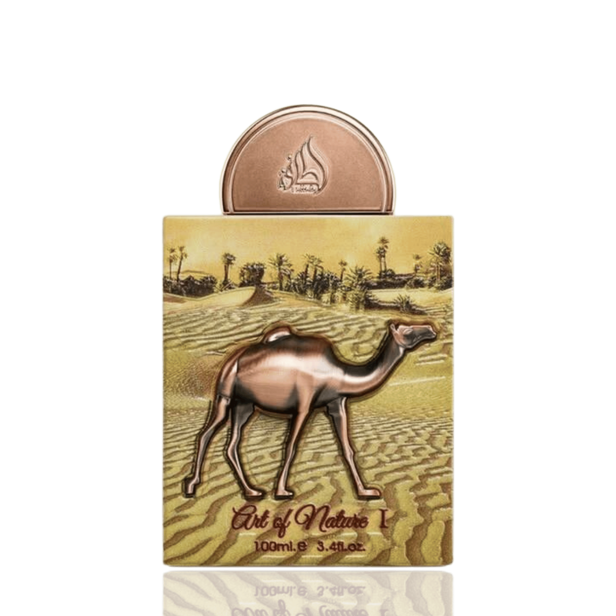 Detaliu flacon premium Lattafa Pride Art of Nature I 100 ml, evidențiind textura sticlei și finisajul bronz metalizat.