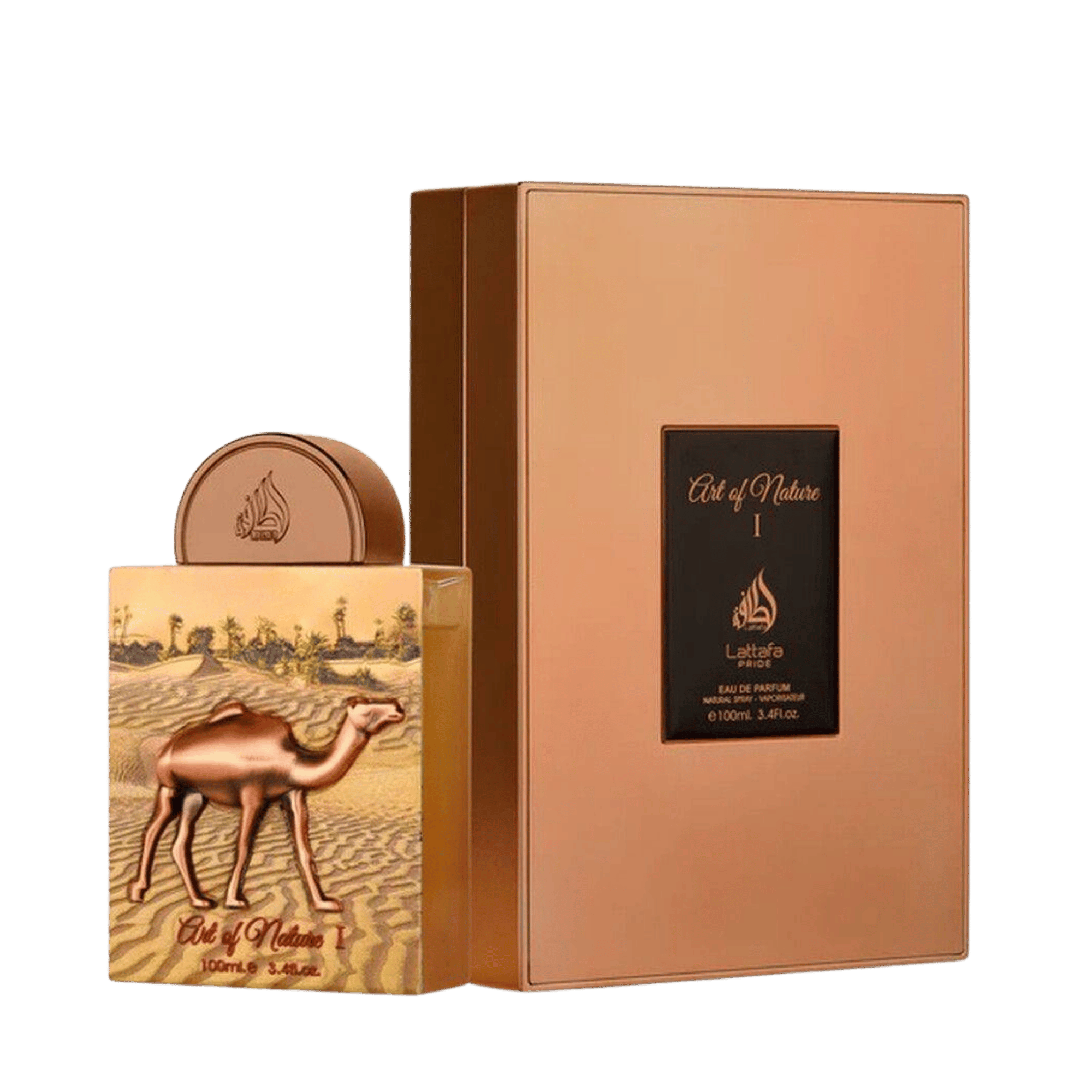 Lattafa Pride Art of Nature I apa de parfum 100 ml, flacon frontal de lux cu silueta de cămilă în relief.
