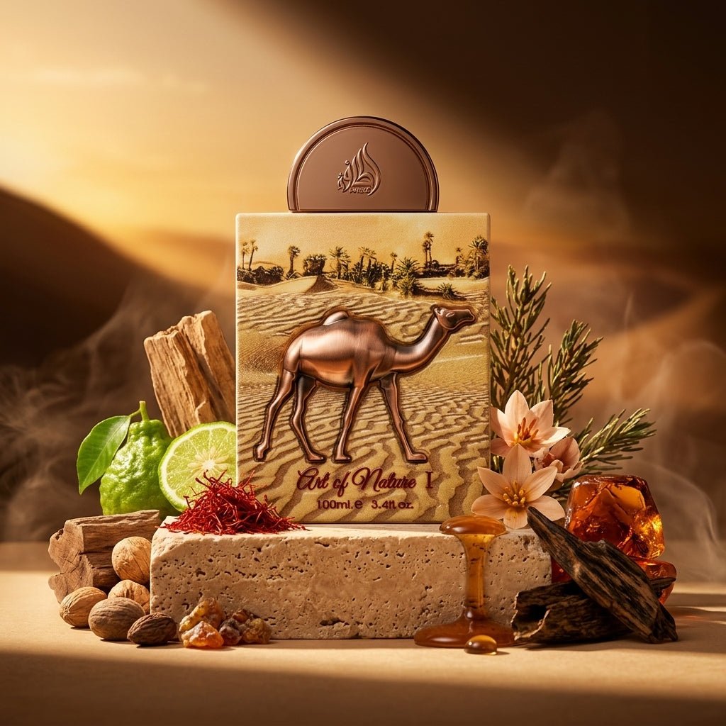 Lattafa Pride Art of Nature I parfum original aranjat artistic alături de șofran, bucăți de cedru și ambră caldă.