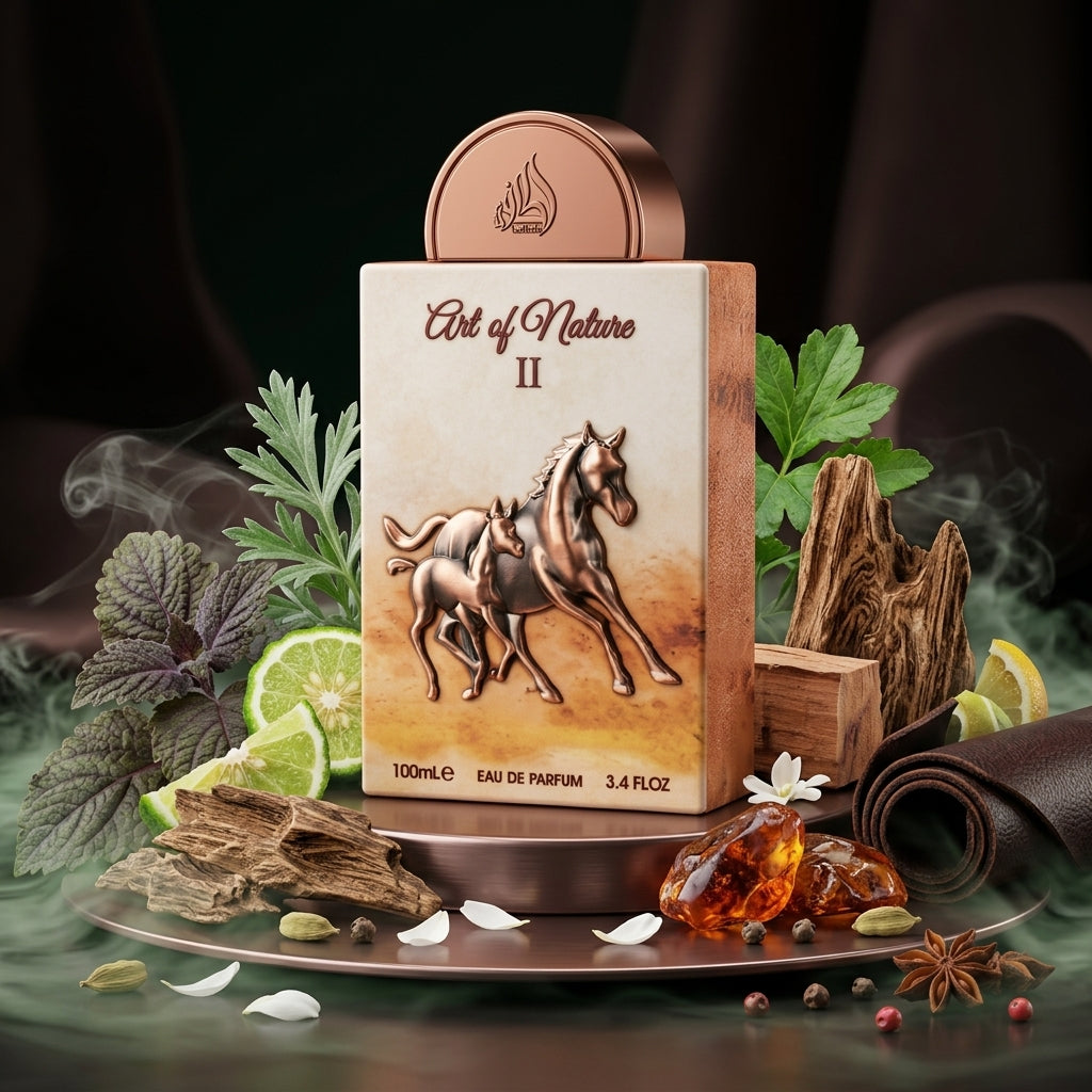 Lattafa Pride Art of Nature II parfum original prezentat alături de pelin verde, cedru uscat și bucăți de pielărie.