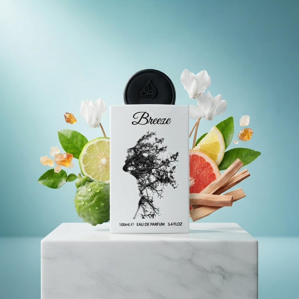 Lattafa Pride Breeze parfum original încadrat natural de bergamotă, ciclamă albă și nori fini de mosc.