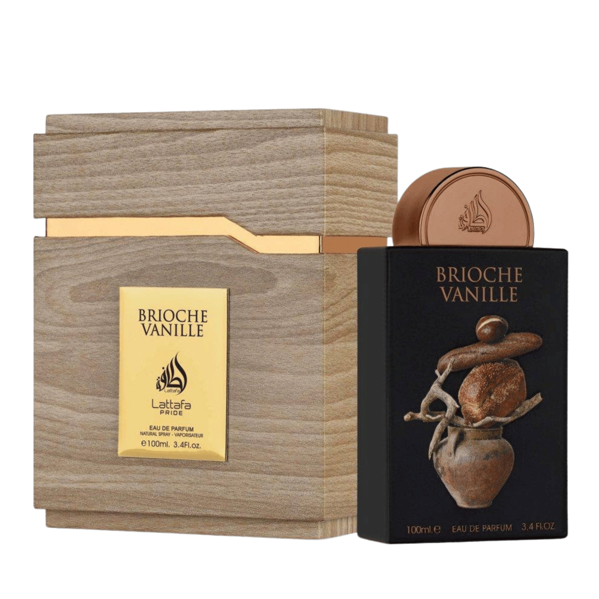 Lattafa Pride Brioche Vanille apa de parfum 100 ml, flacon frontal conceptual premium, design original de parfum arabesc.