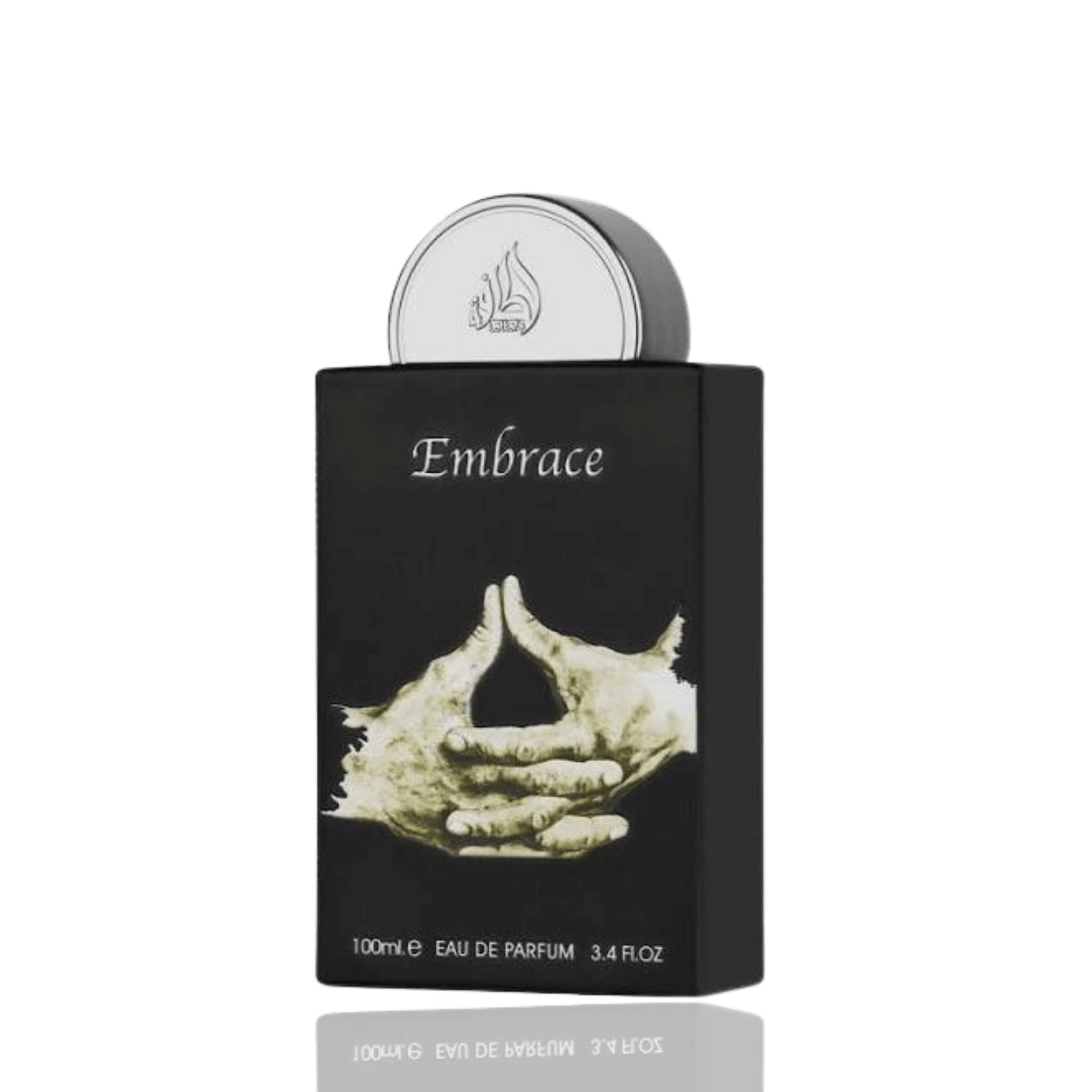 Detaliu flacon Lattafa Pride Embrace apa de parfum, evidențiind textura mată și elementele grafice elegante.